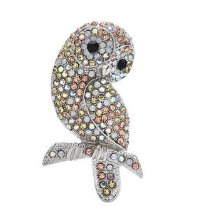 Jeweled Owl Brooch – Silver-Tone with Multicolor Crystals – 2.6" x 1.46"